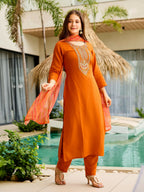 The52 Rust Women's Gorgeous Embroidered work Rayon Fabric Straight Kurta, Pant and Dupatta Set | Grocsy