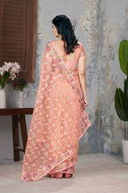 Vastranavya Soft Crush Georgette With Embroidery and Foil Multi Thread Work Saree - Peach | Grocsy