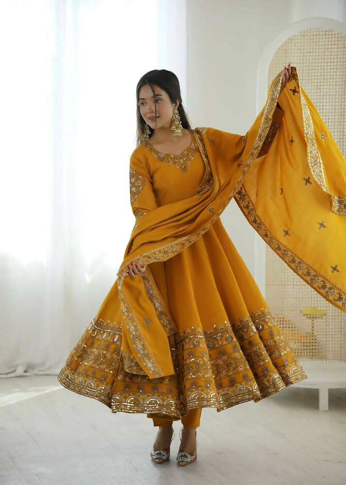 Teeya Creation Yellow Roman Silk Embroidery Work Party Wear long Gown | Grocsy