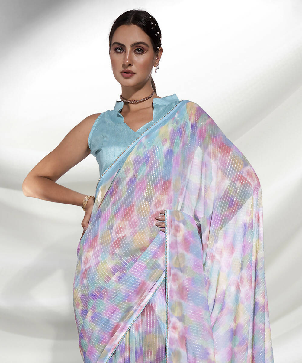 Blue Georgette Sequence Embroidery Saree With Unstitched Blouse Piece - Rajal | Grocsy
