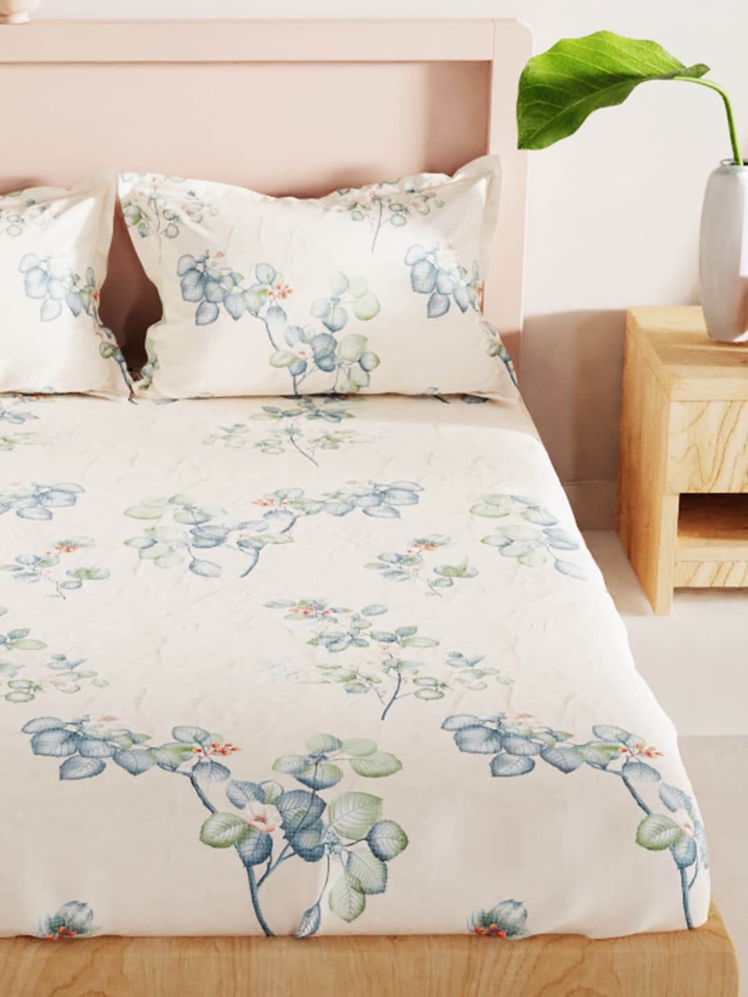 BIANCA Beige & Green Floral 186 TC King Bedsheet with 2 Pillow Covers | Grocsy
