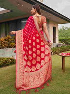 Tikhi Imli Pink Ethnic Motifs Woven Design Zari Saree | Grocsy