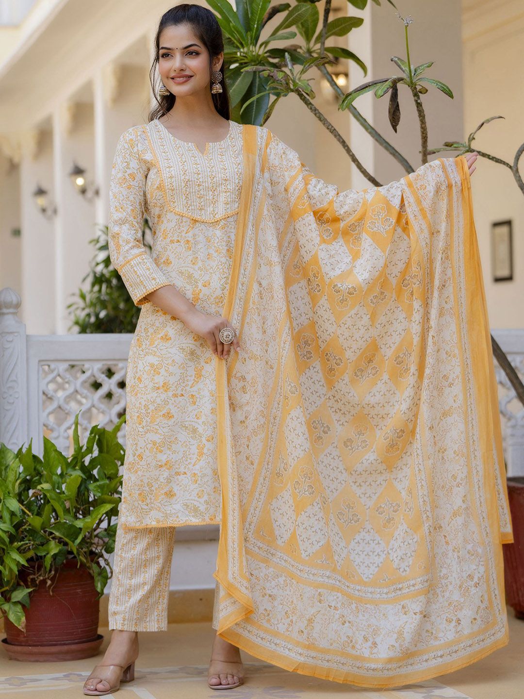 Anouk Women Floral Printed Regular Aari Work Pure Cotton Kurta with Palazzos & With Dupatta | Grocsy