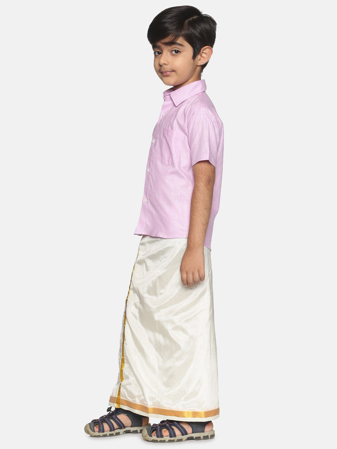 Sethukrishna Boys Pink & Off-White Pure Cotton Shirt with Dhotis | Grocsy