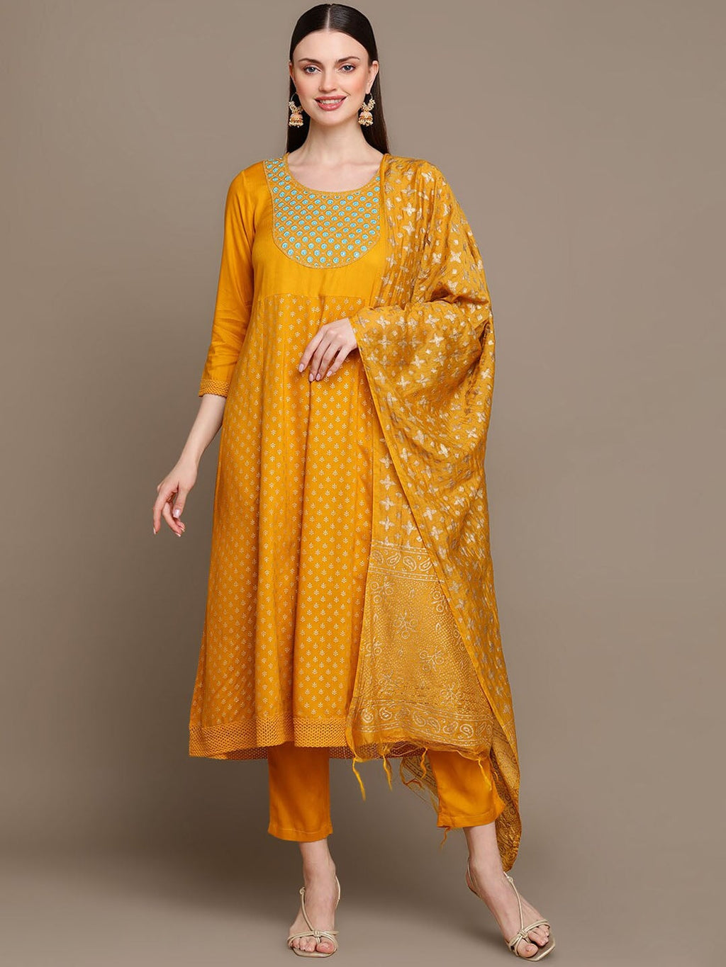 HERE&NOW Ethnic Motifs Embroidered Mirror Work Yoke Anarkali Kurta with Trousers & Dupatta | Grocsy