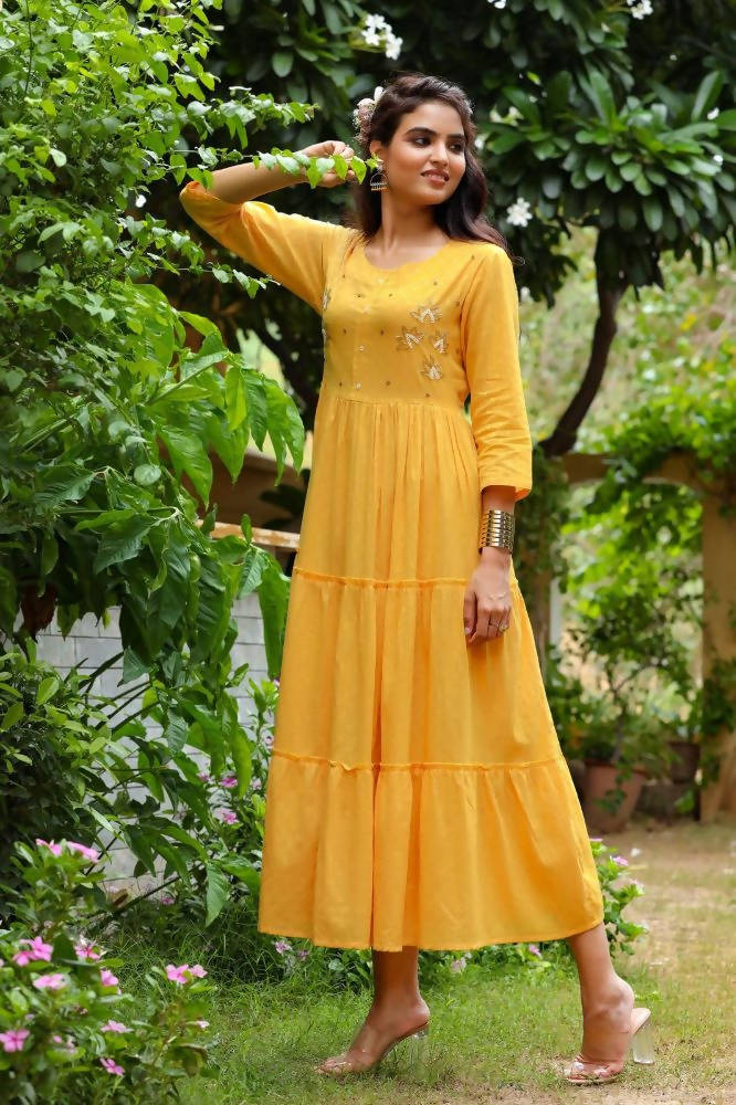 Yufta Yellow Cotton Dobby Dress | Grocsy