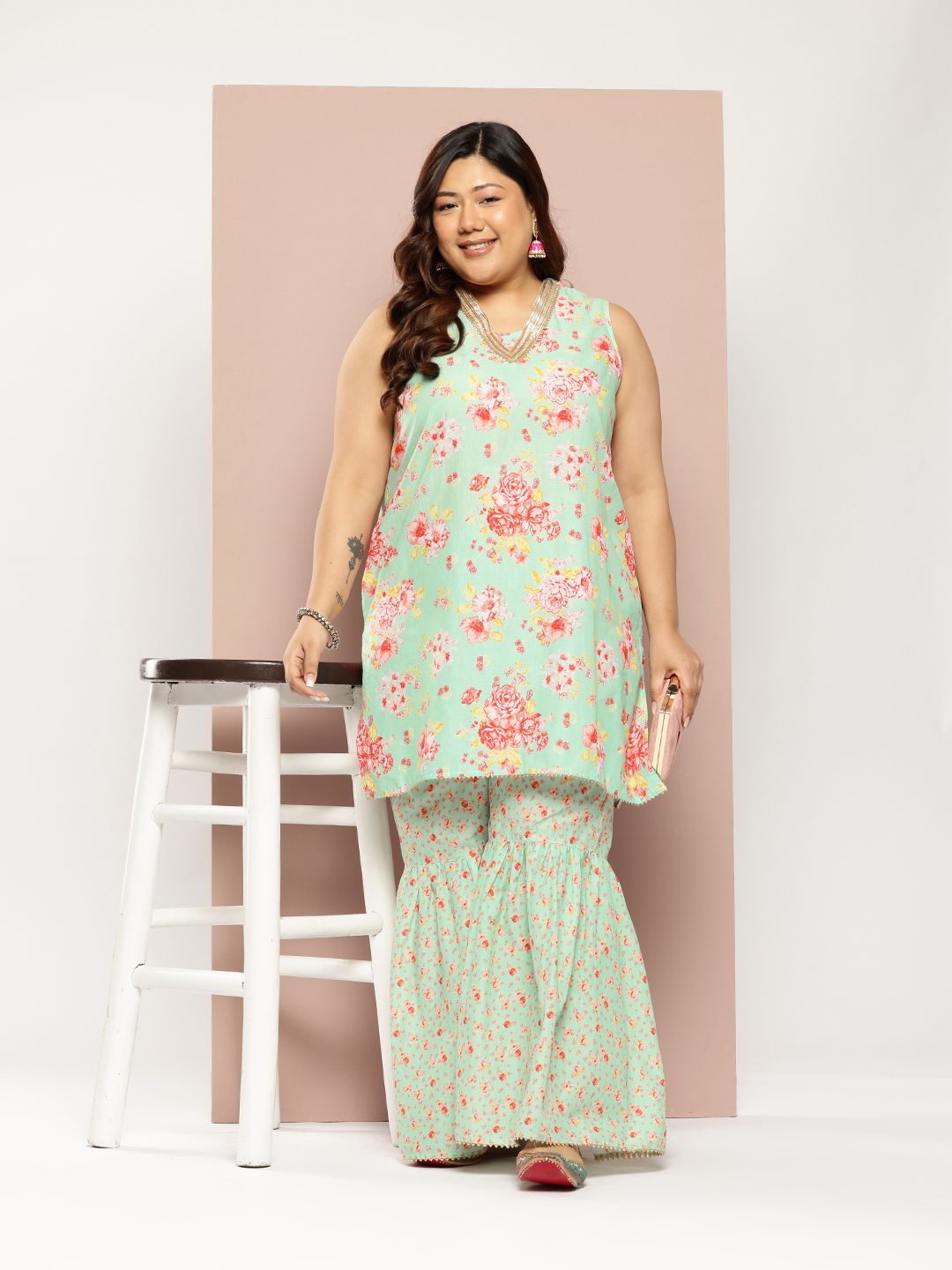 Sztori Plus Size Floral Printed Gotta Patti Pure Cotton Kurta with Sharara | Grocsy
