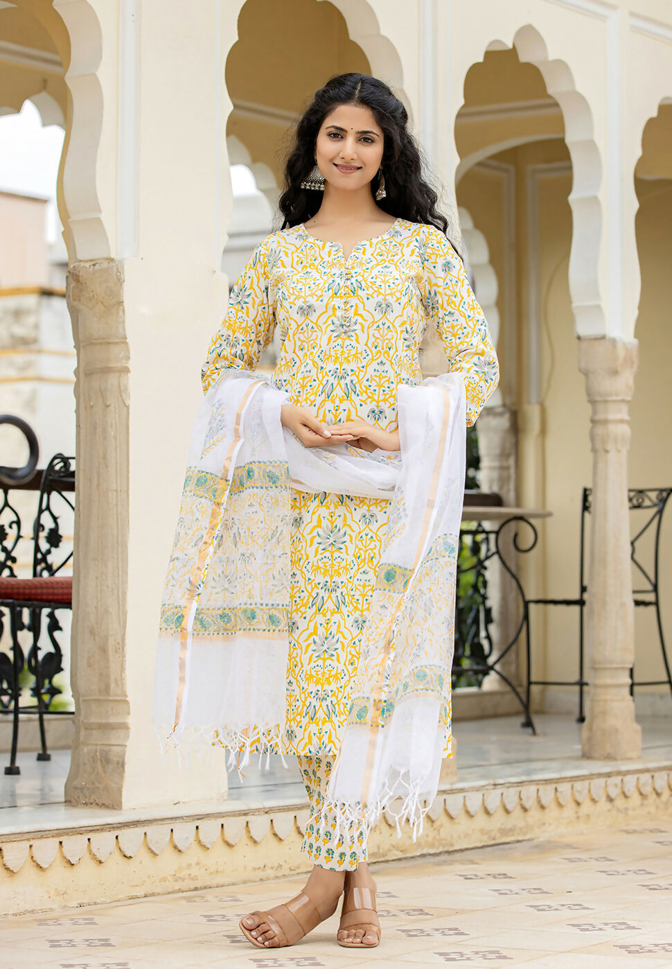 Kaajh Women's Yellow Hand Block Print Suit Set | Grocsy