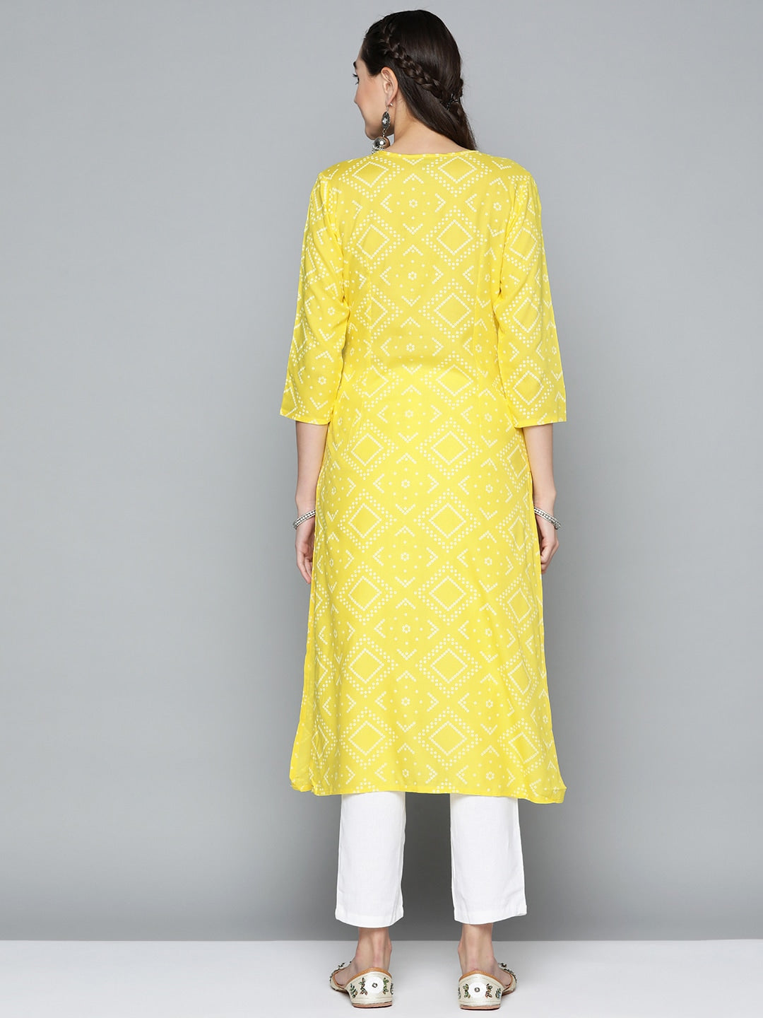 HERE&NOW Women Yellow & White Ethnic Motifs Printed Embroidered Work Kurta | Grocsy