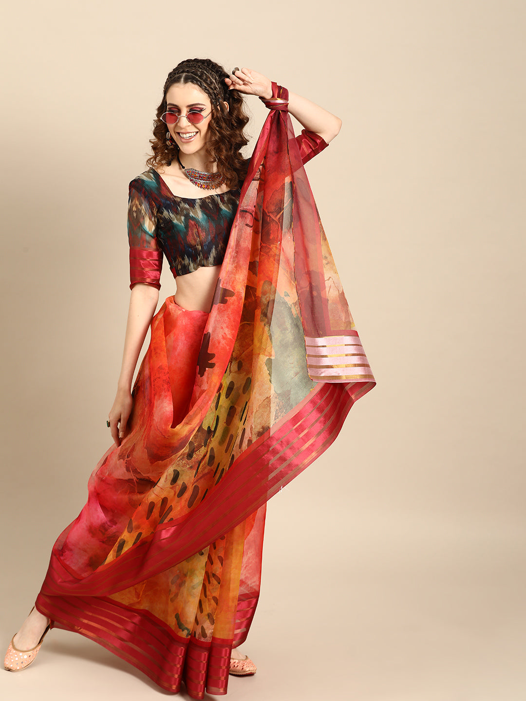 Saree Mall Red & Black Organza Printed Saree | Grocsy
