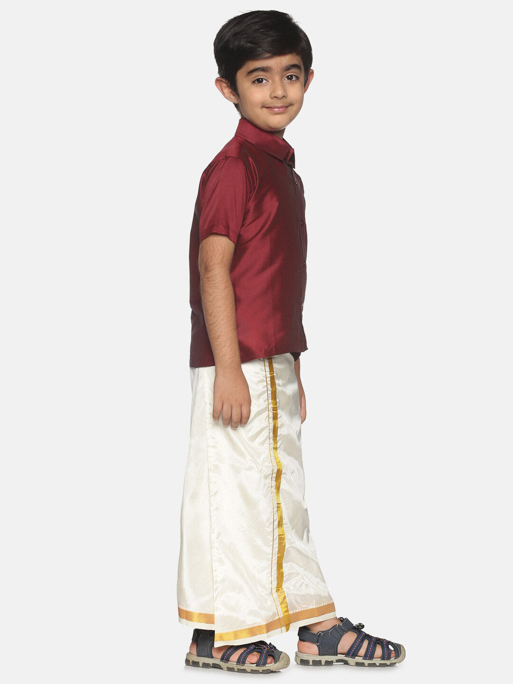 Sethukrishna Boys Maroon & White Solid Shirt and Dhoti Set | Grocsy