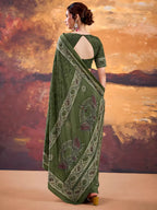 Vastranavya Mehendi Crepe Printed Saree with Unstitched Blouse | Grocsy