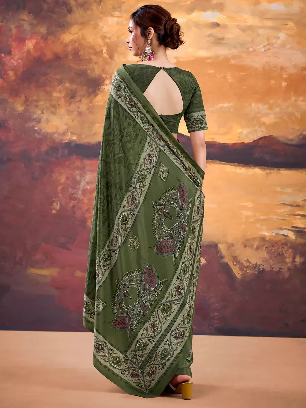 Vastranavya Mehendi Crepe Printed Saree with Unstitched Blouse | Grocsy
