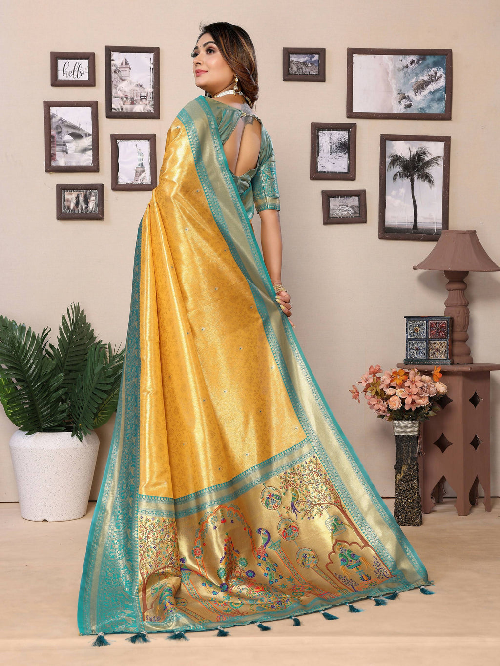 Aastha Fashion Yellow Tissue Silk Weaving Saree | Grocsy