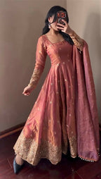 Teeya Creation Peach Fendi Silk Designer Heavy Work Wedding Wear Long Gown | Grocsy