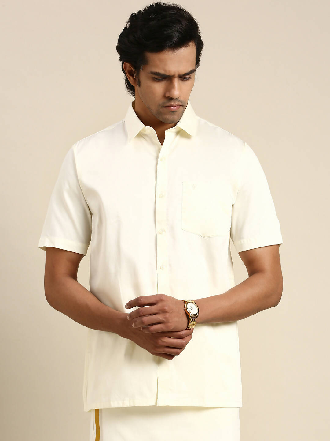 Ramraj Cotton Mens Cotton Cream Colour Half Sleeve Shirt | Grocsy