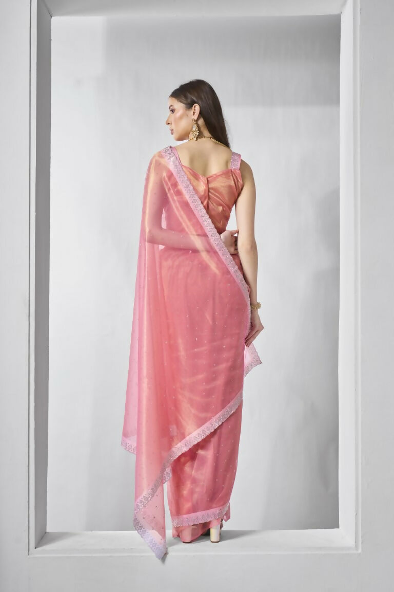 Pink Gold Tissue Net Solid & Gold Cotted Saree - Samaa | Grocsy