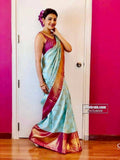 DEIANA'S Beautiful Designer Golden zari Soft Lichi Silk Saree - Sky | Grocsy