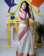 DEIANA'S Beautiful Designer Golden zari Soft Lichi Silk Saree - White | Grocsy