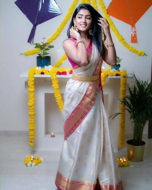 DEIANA'S Beautiful Designer Golden zari Soft Lichi Silk Saree - White | Grocsy