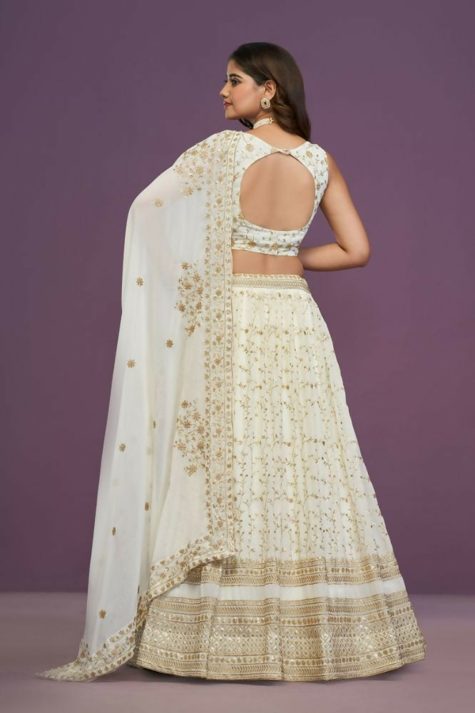Zari Sequene Embroidery Wok Georgette White Lehenga Choli - Jihu Culture | Grocsy