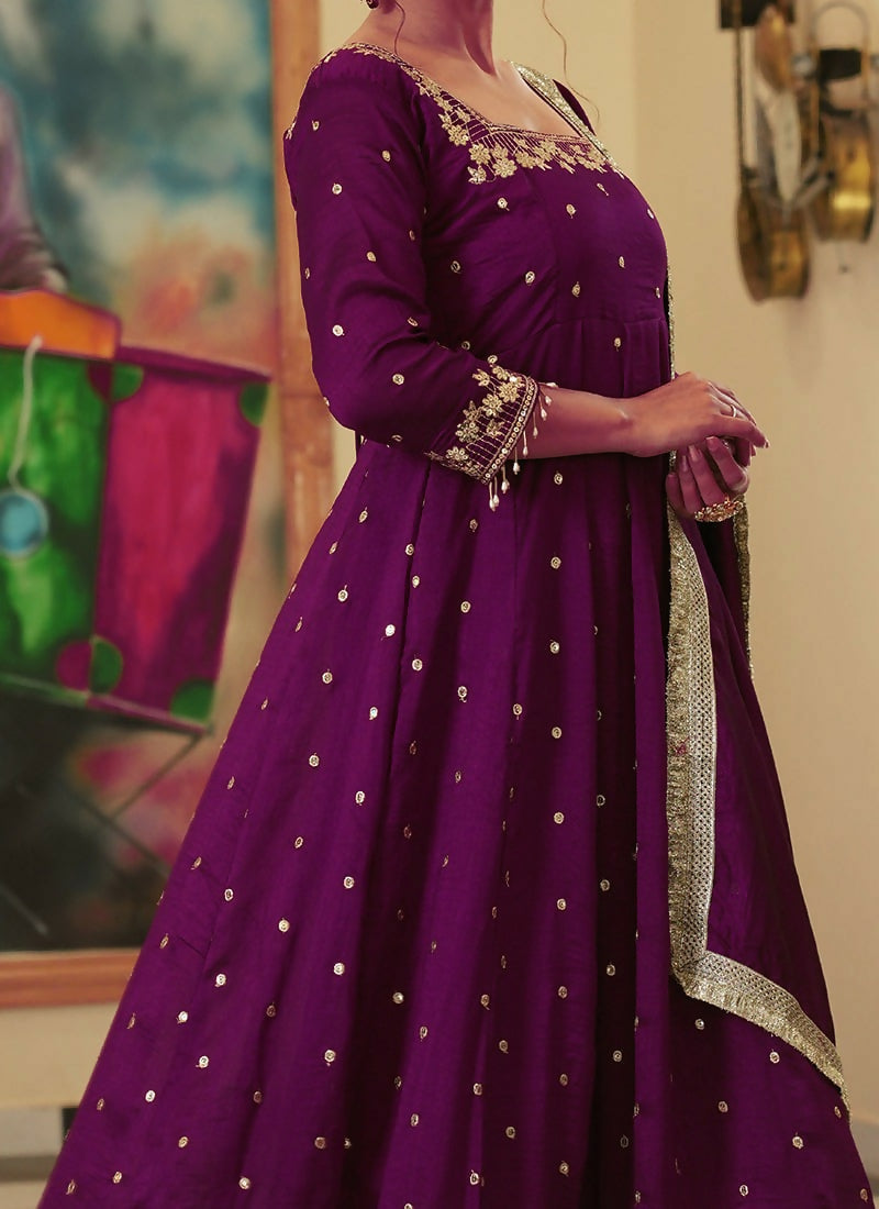 Teeya Creation Wine Color Pure Vichitra Silk Embroidery Work Party Wear Gown | Grocsy