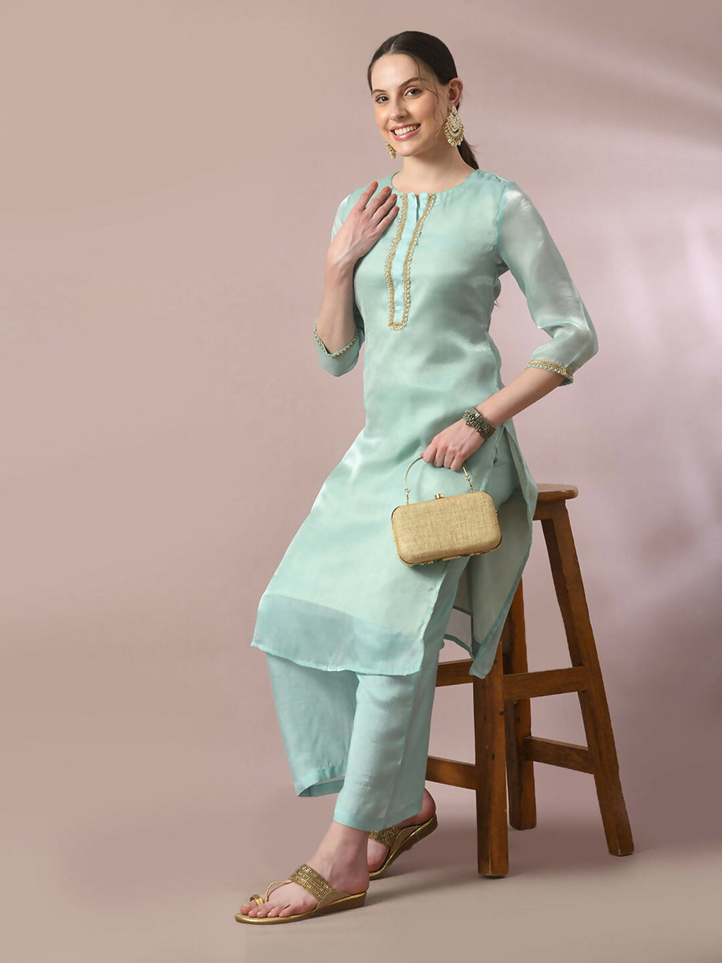 Myshka Women's Sea Green Solid Straight Party Kurta Set | Grocsy
