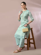 Myshka Women's Sea Green Solid Straight Party Kurta Set | Grocsy