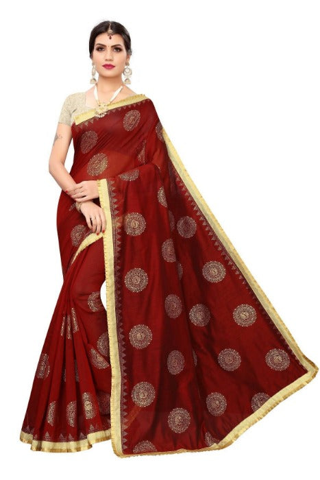 Vamika Chanderi Cotton Foil Print Maroon Saree (GOLDEN BIRD MAROON) | Grocsy