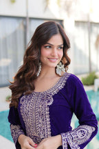 Joban Fashion Purple Kurta Set Velvet Sequins , Zari, Coding & Thread Embroidered work | Grocsy