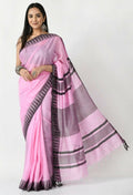 Mominos Fashion Moeza Baby Pink Bhagalpuri Handloom Silk Black Temple Border Saree with unstitched Blouse piece | Grocsy