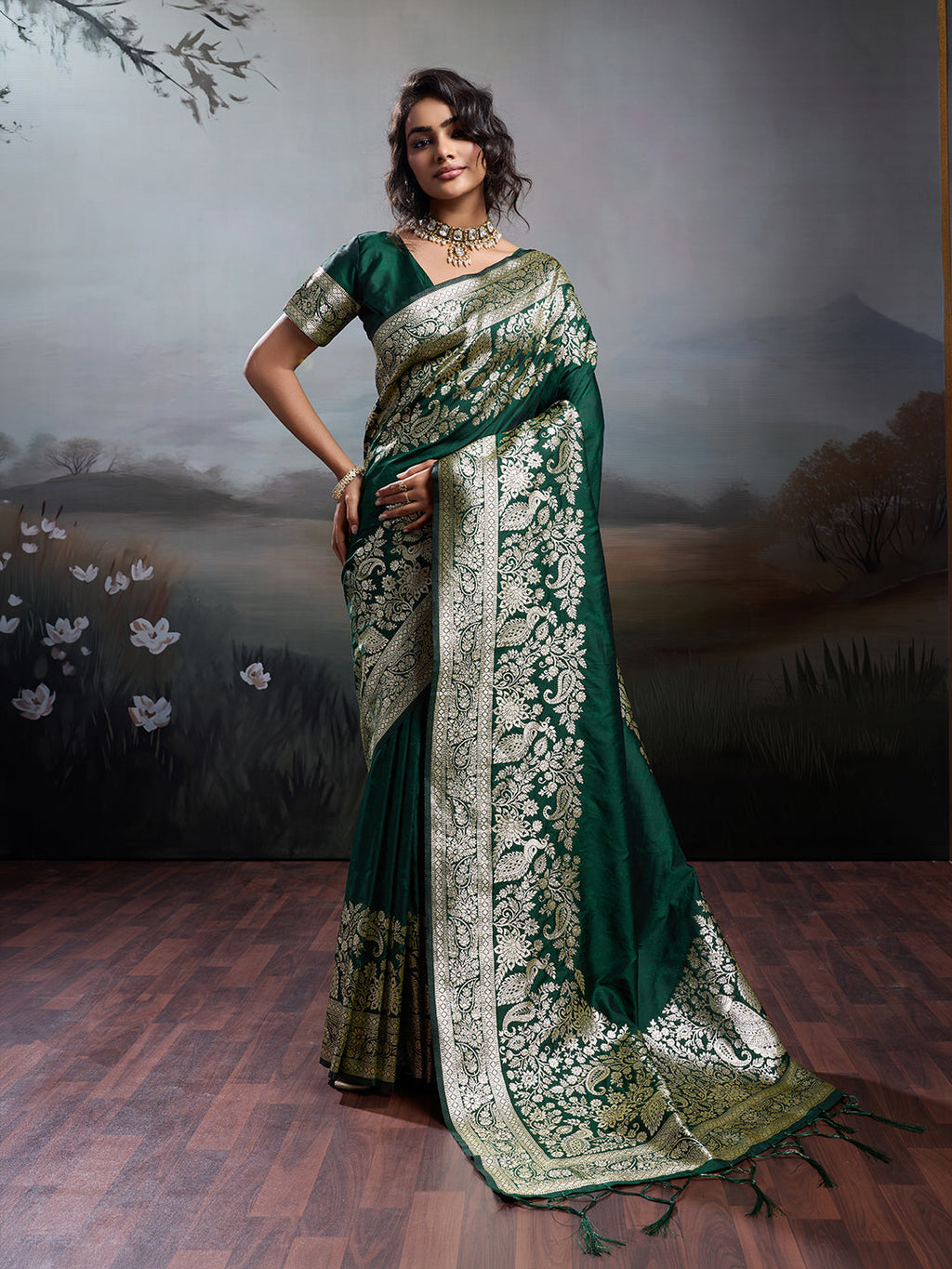 Anaita D Green Silk Blend Woven Saree With Blouse | Grocsy