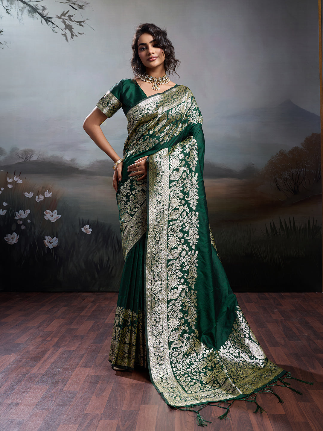 Anaita D Green Silk Blend Woven Saree With Blouse | Grocsy
