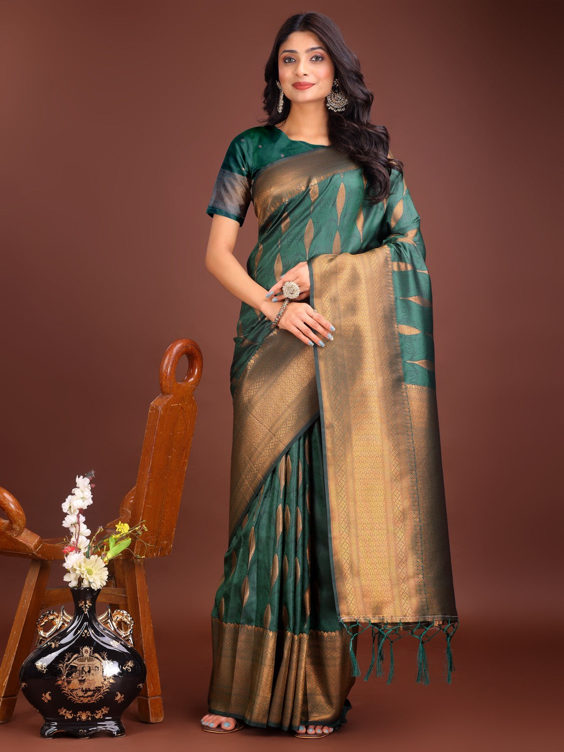 Anaita D Green Banarasi Silk Woven Saree With Blouse | Grocsy