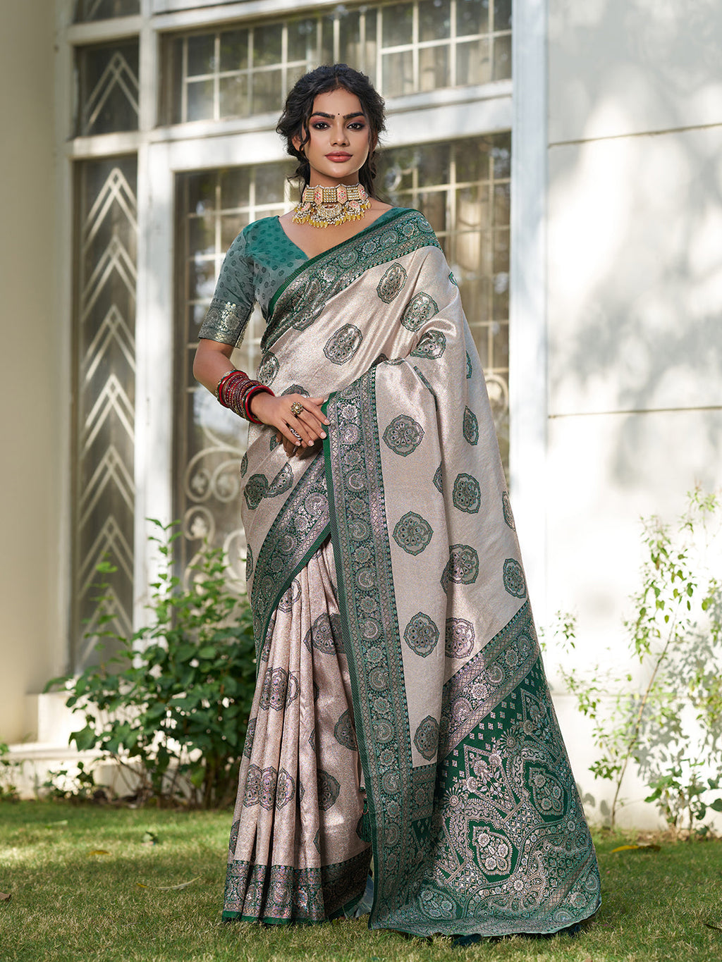 Anaita D Green Silk Blend Woven Saree With Blouse | Grocsy