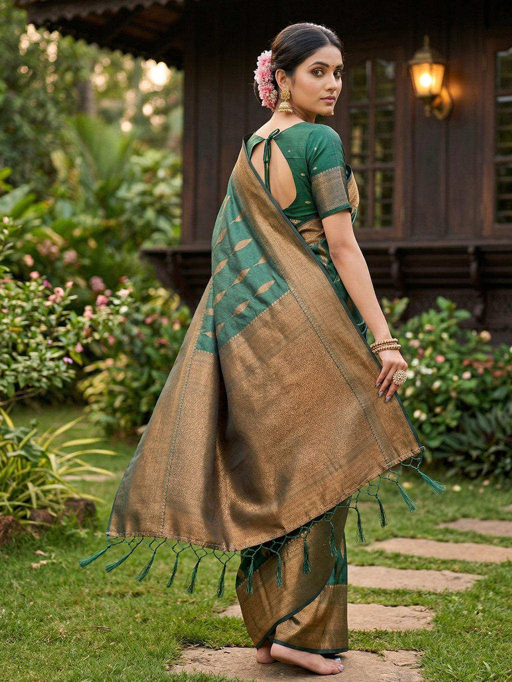 Anaita D Green Silk Blend Woven Saree With Blouse | Grocsy
