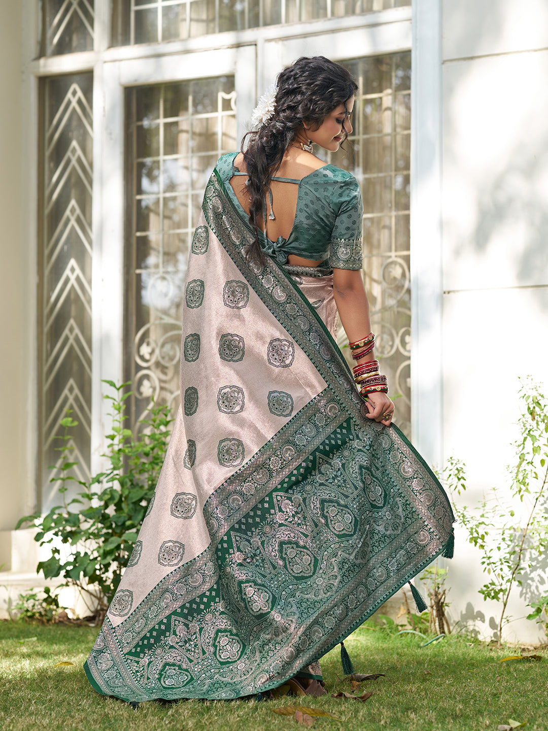 Anaita D Green Silk Blend Woven Saree With Blouse | Grocsy
