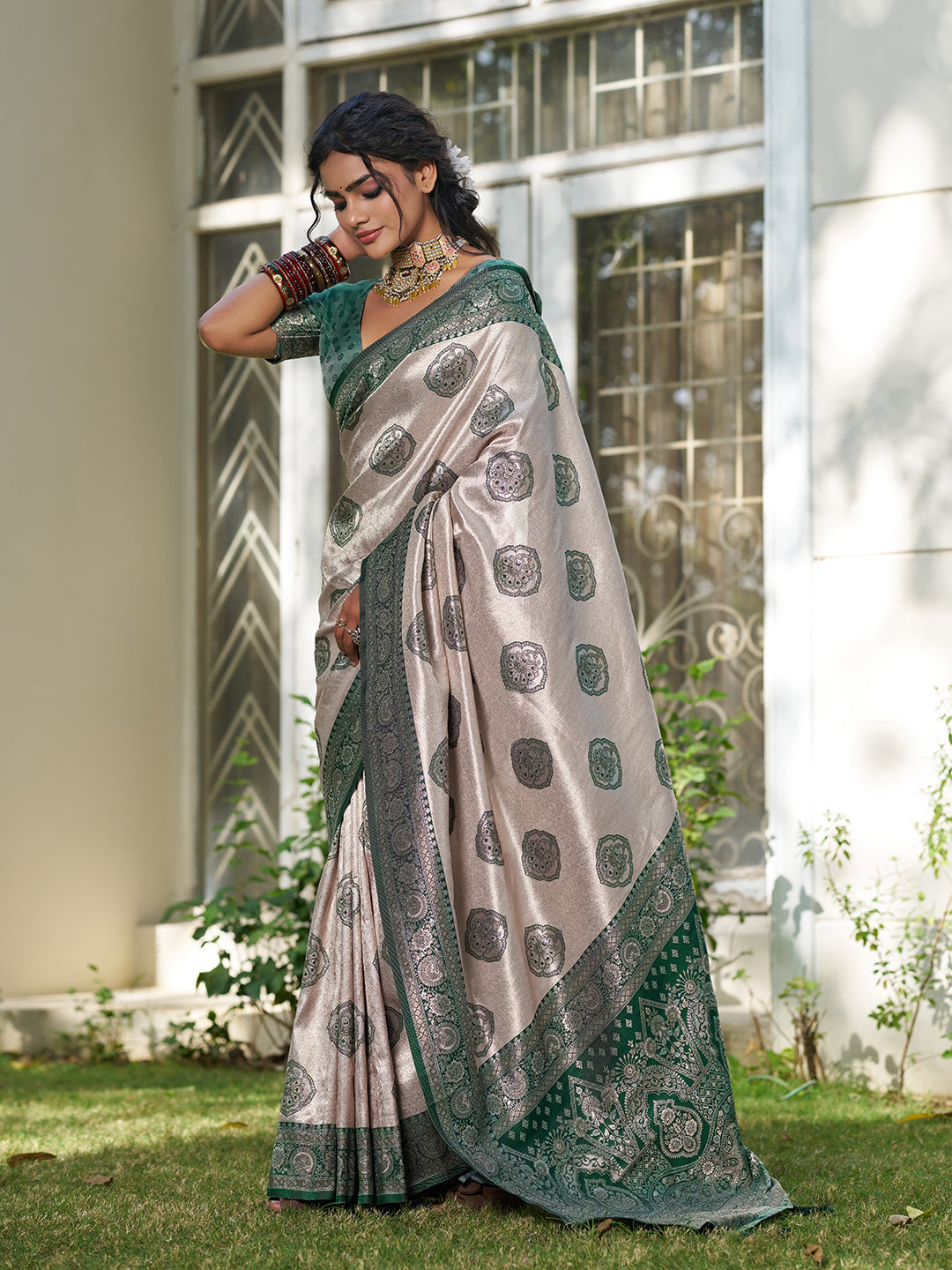 Anaita D Green Silk Blend Woven Saree With Blouse | Grocsy