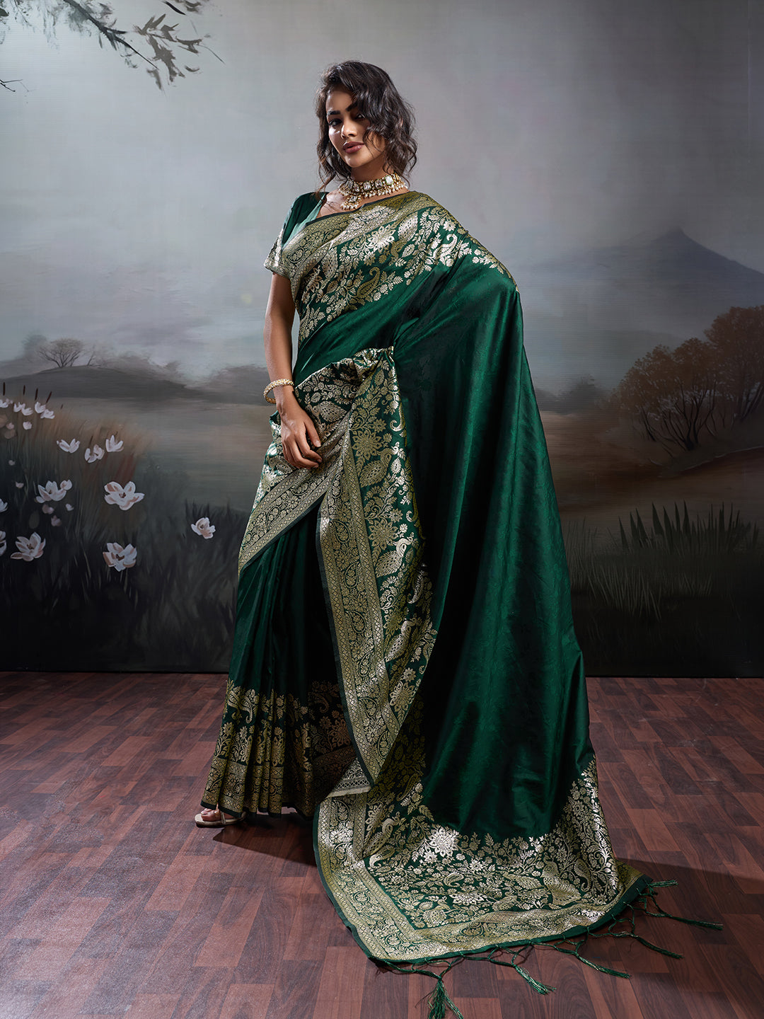 Anaita D Green Silk Blend Woven Saree With Blouse | Grocsy