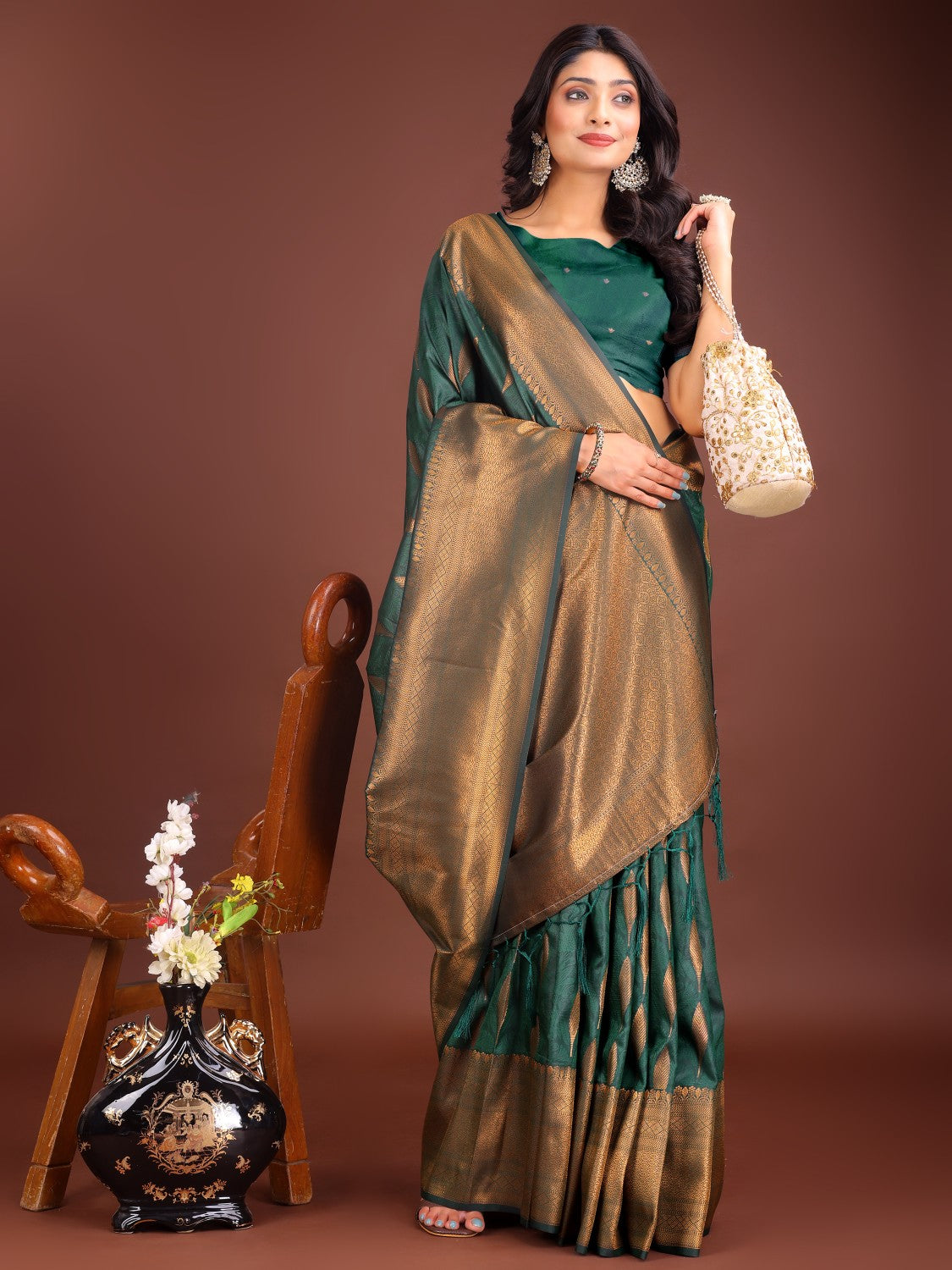 Anaita D Green Banarasi Silk Woven Saree With Blouse | Grocsy