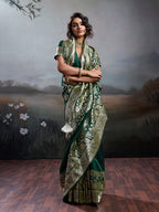 Anaita D Green Silk Blend Woven Saree With Blouse | Grocsy