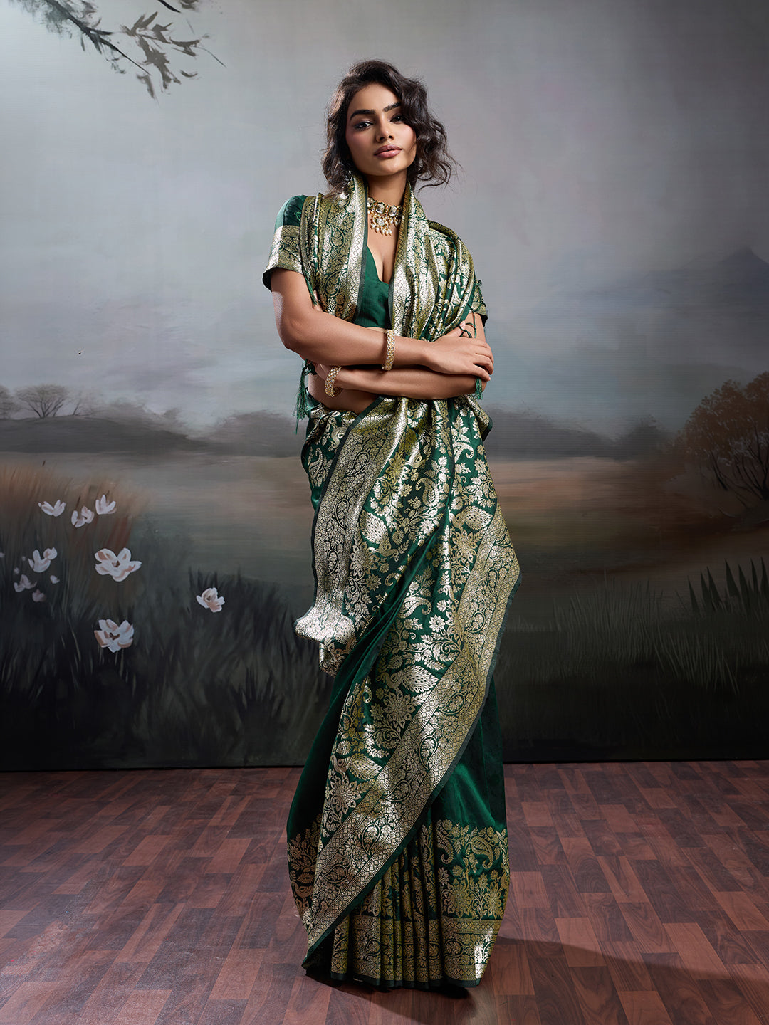 Anaita D Green Silk Blend Woven Saree With Blouse | Grocsy
