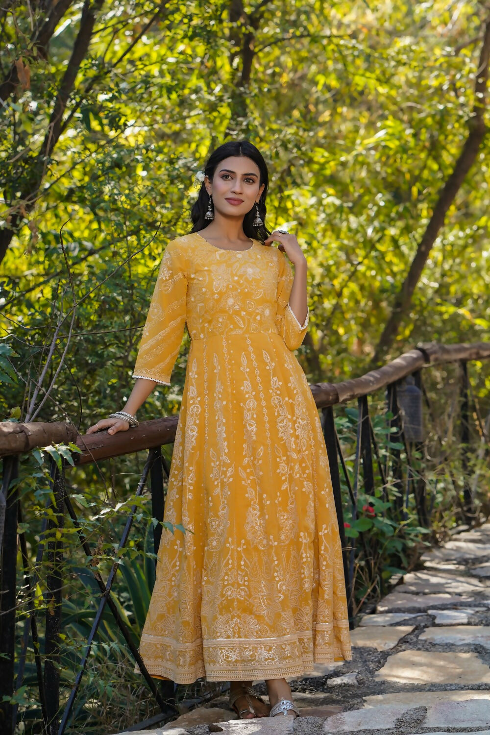Juniper Yellow Floral Printed Georgette Maxi Dress With Beads Kantha Work & Sequins At Neckline | Grocsy
