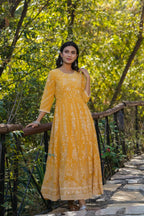 Juniper Yellow Floral Printed Georgette Maxi Dress With Beads Kantha Work & Sequins At Neckline | Grocsy
