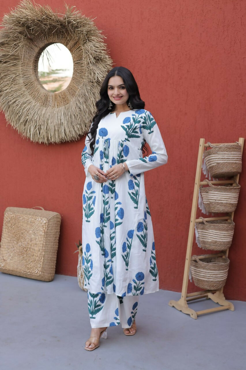 Teeya Creation Womens New Trendy Summer War Printed Cotton Gown Set-Blue | Grocsy
