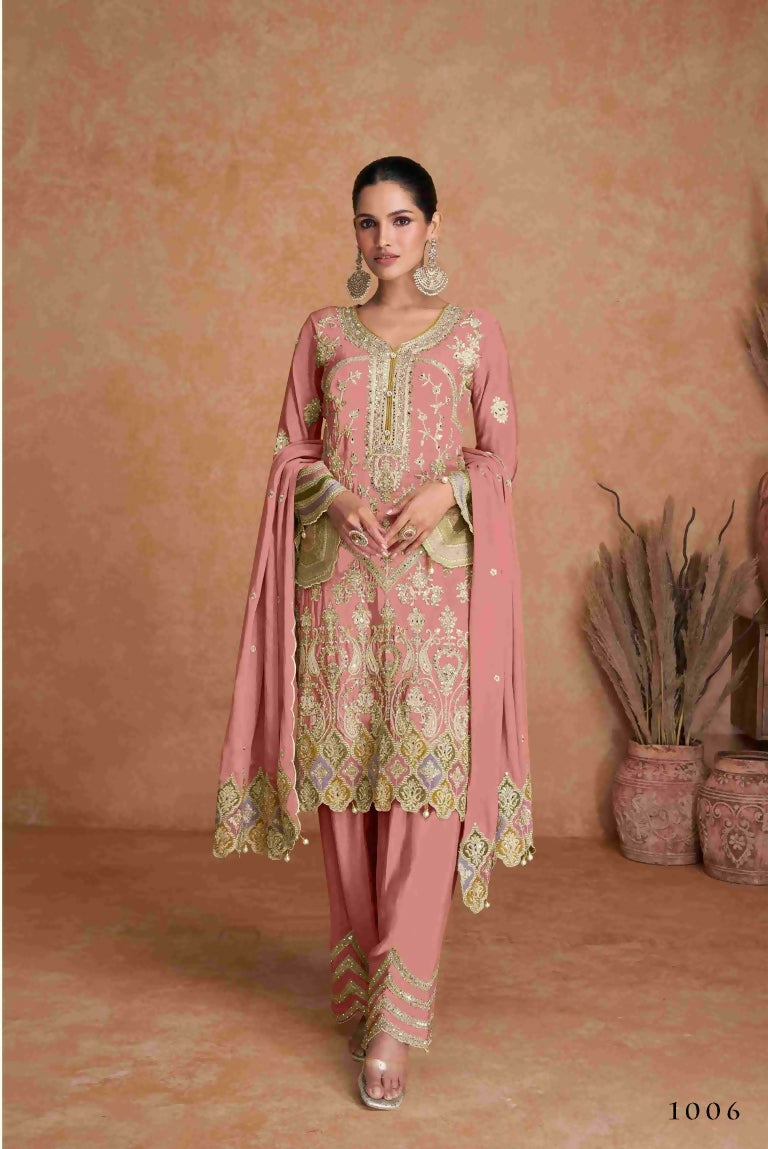 Festive Wear Ethnic Peach Chinon Stitched Suit With Dupatta - Zeeya | Grocsy