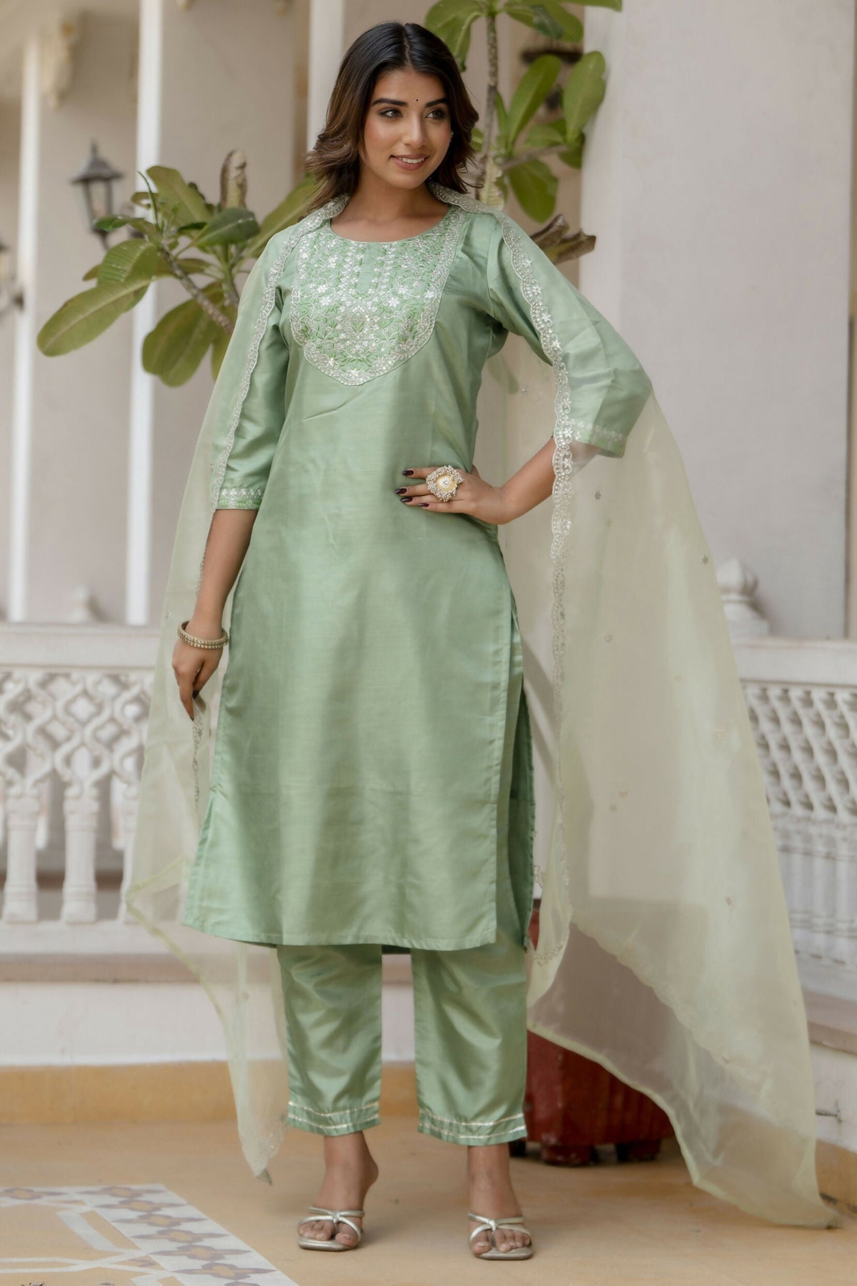 Vellora Pista Silk Blend Casual Suit with Elegant Thread Work | Grocsy