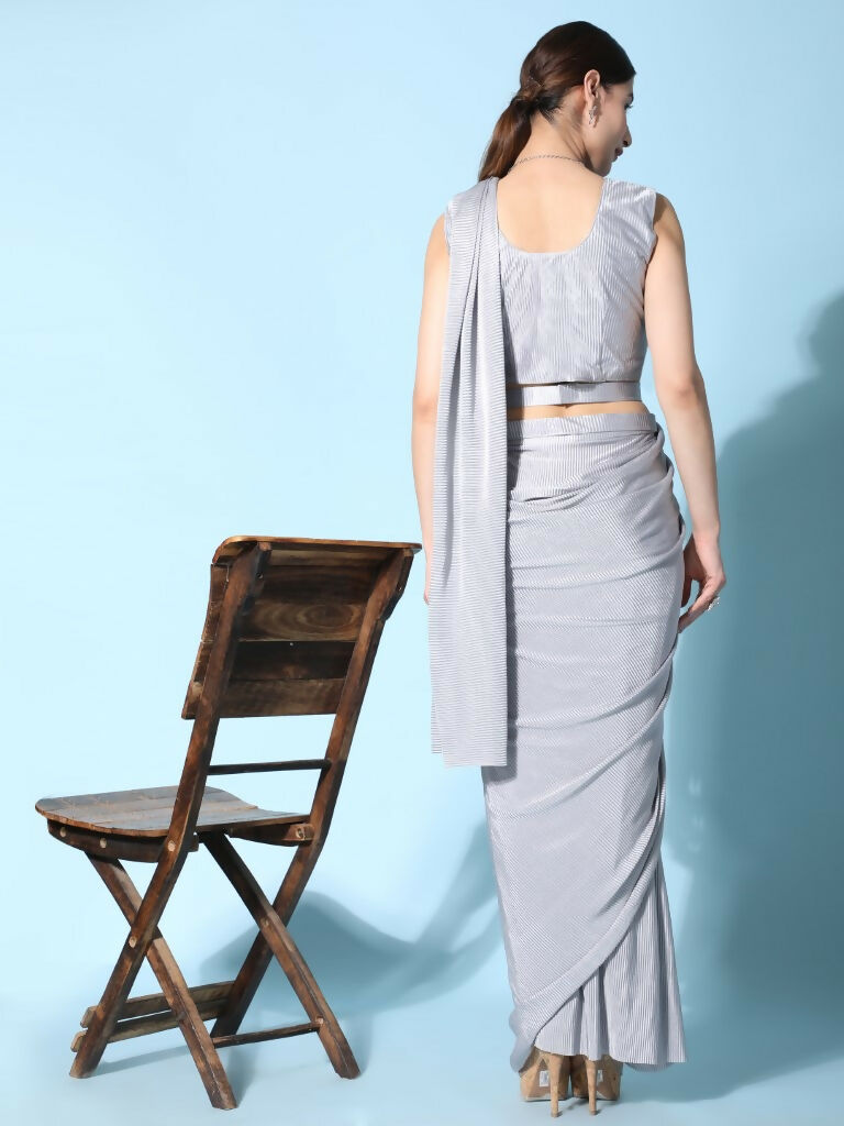 Grey Imported Crush Lycra Texture Pattern Ready to Wear Saree with stitched Blouse - Nirvana | Grocsy