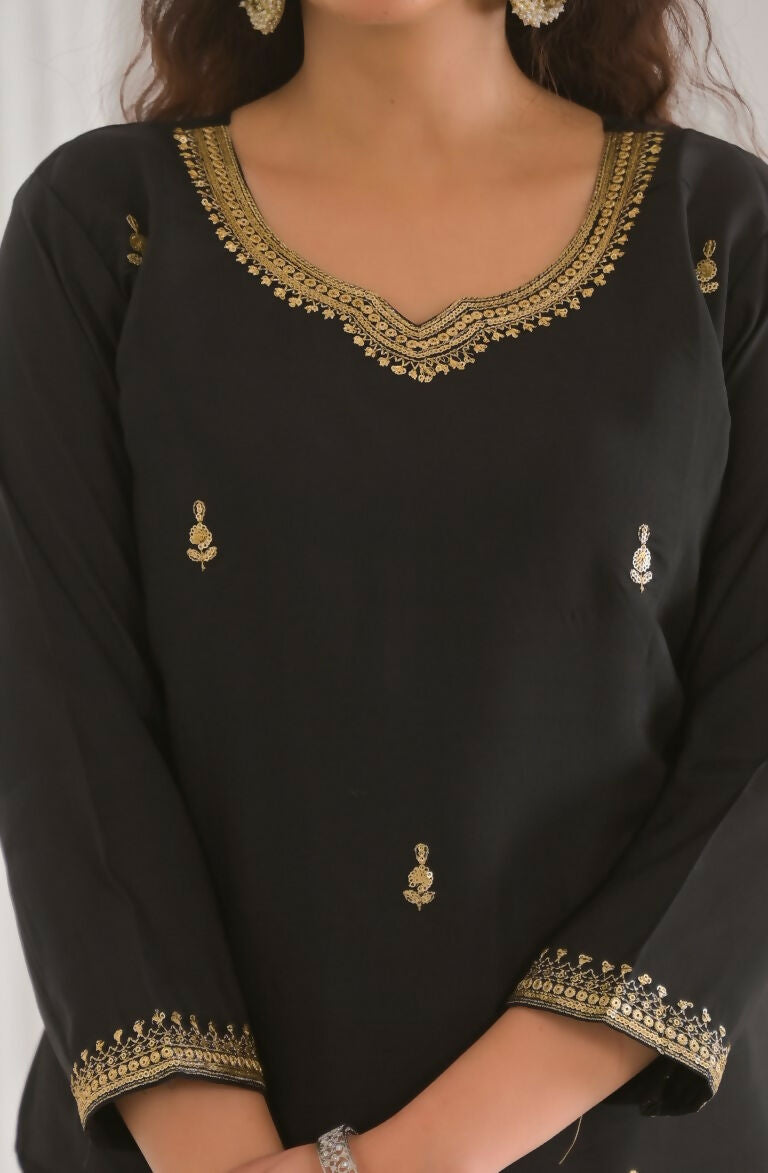 Ethnic Festive Wear Viscose Chanderi Black Stitched Suit With Dupatta - Tanisha | Grocsy