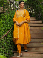 Janasya Mustard Silk Blend Embroidered Kurta,Bottom & Dupatta | Grocsy